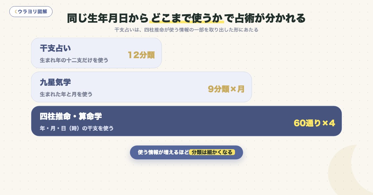 図解:同じ生年月日からどこまで使うかで占術が分かれる