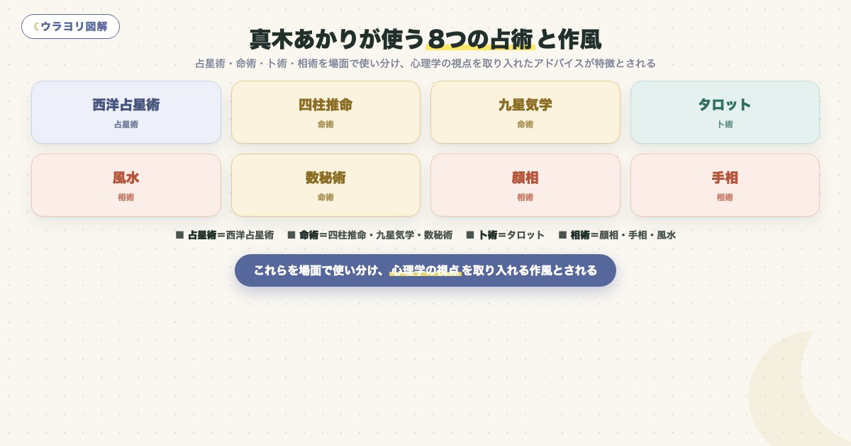 図解:真木あかりが使う8つの占術と作風