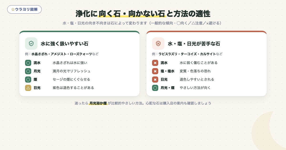 図解:浄化に向く石・向かない石と方法の適性