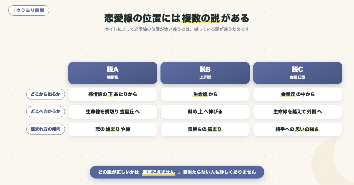 図解:恋愛線の位置には複数の説がある