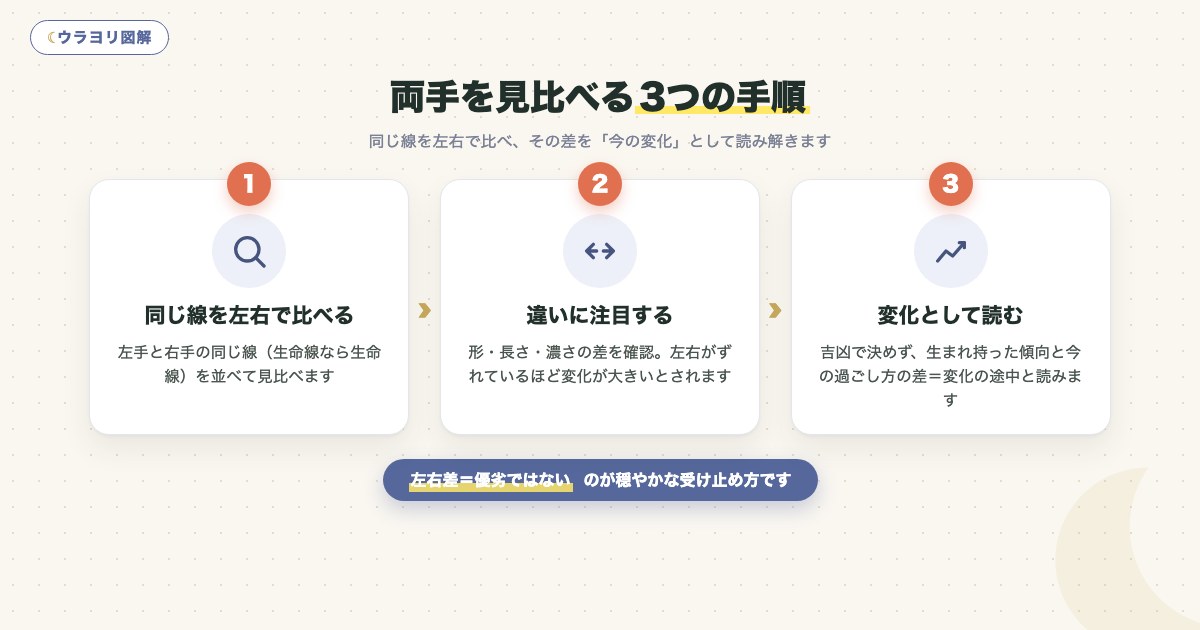 図解:両手を見比べる3つの手順