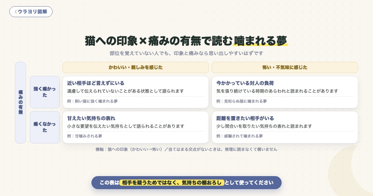 図解:猫への印象×痛みの有無で読む噛まれる夢