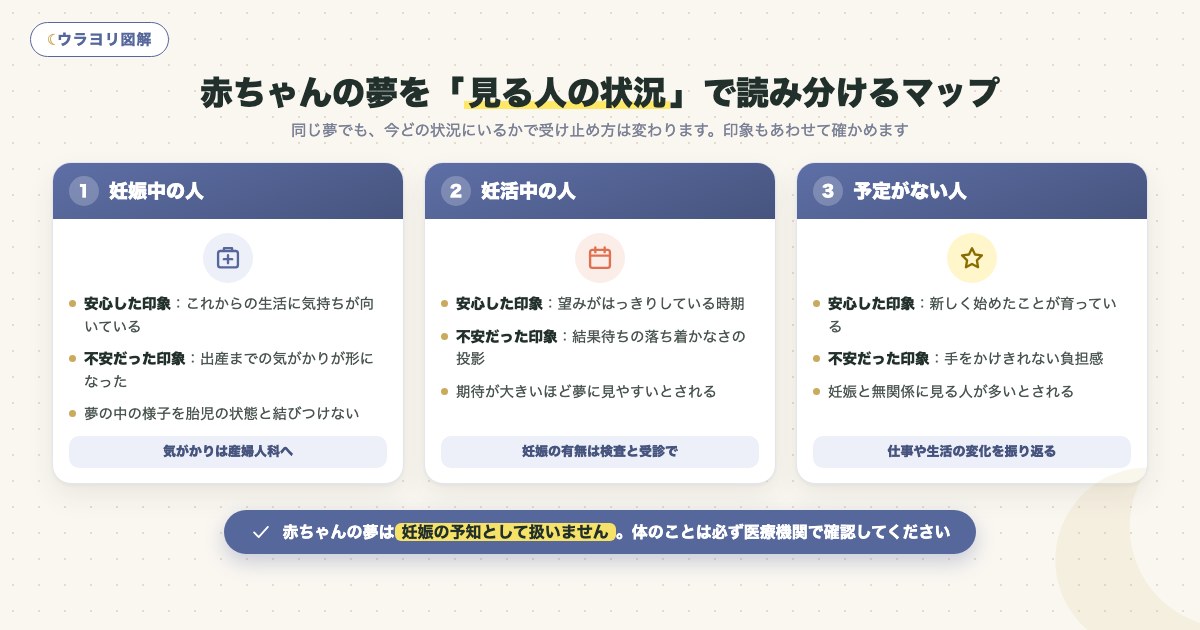 図解:赤ちゃんの夢を「見る人の状況」で読み分けるマップ