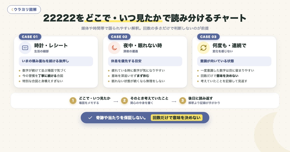図解:22222をどこで・いつ見たかで読み分けるチャート