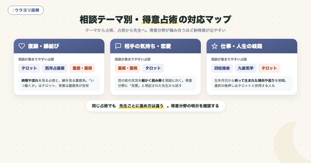 図解:相談テーマ別・得意占術の対応マップ