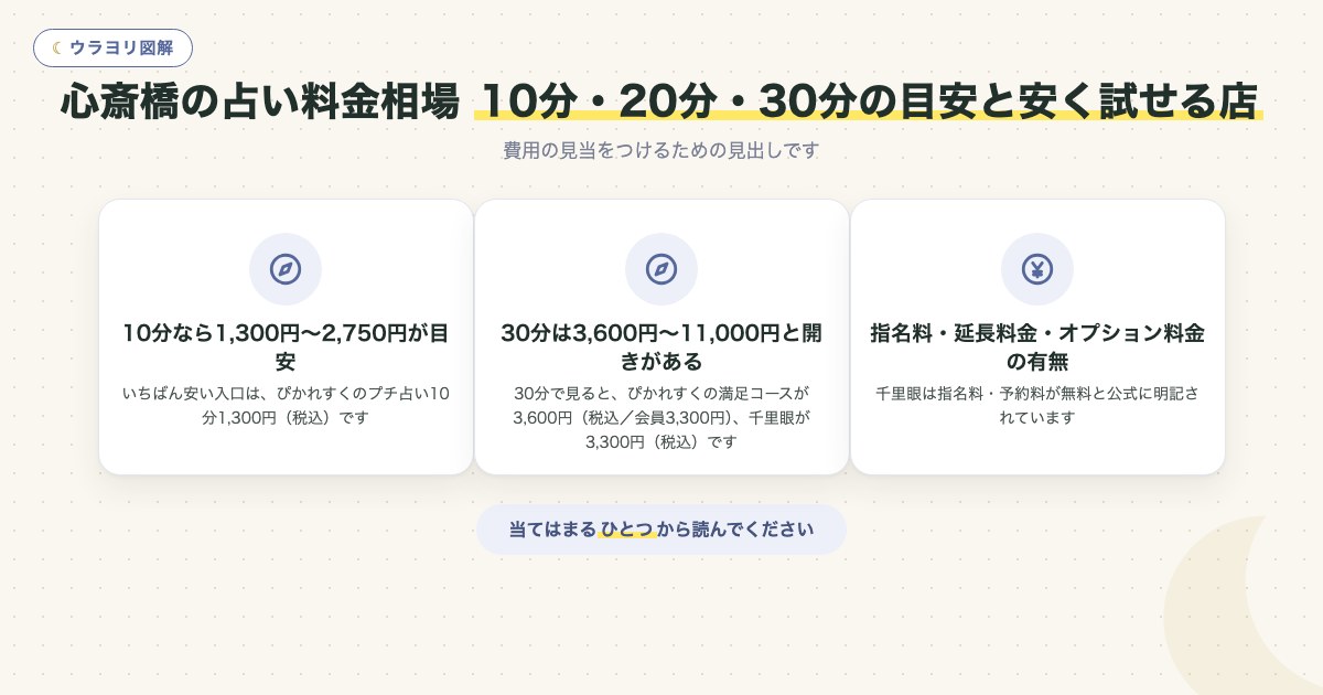 図解:心斎橋の占い料金相場 10分・20分・30分の目安と安く試せる店