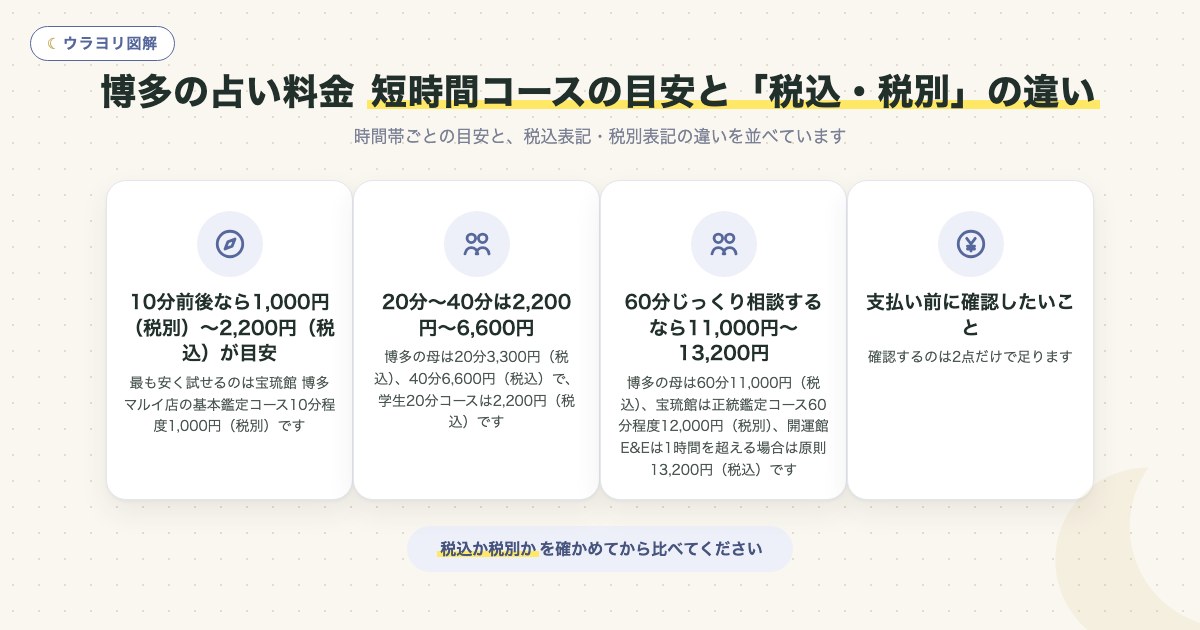 図解:博多の占い料金短時間コースの目安と「税込・税別」の違い