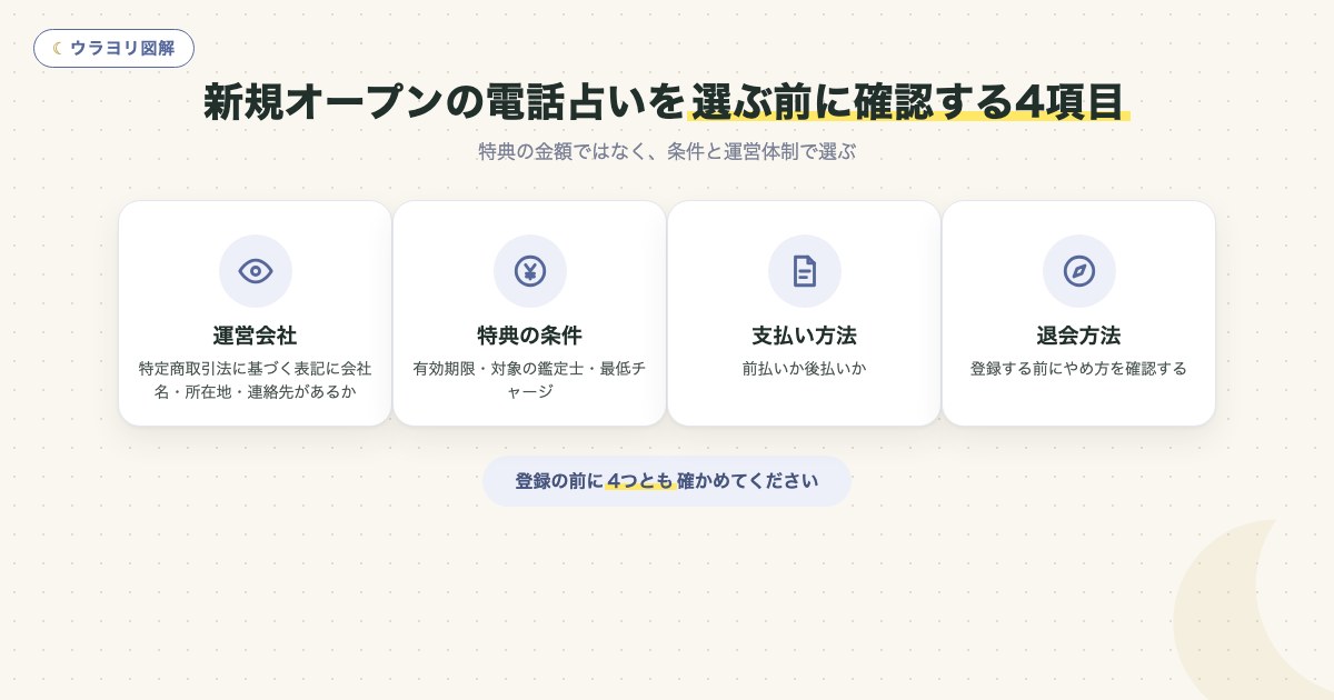 図解:新規オープンの電話占いを選ぶ前に確認する4項目