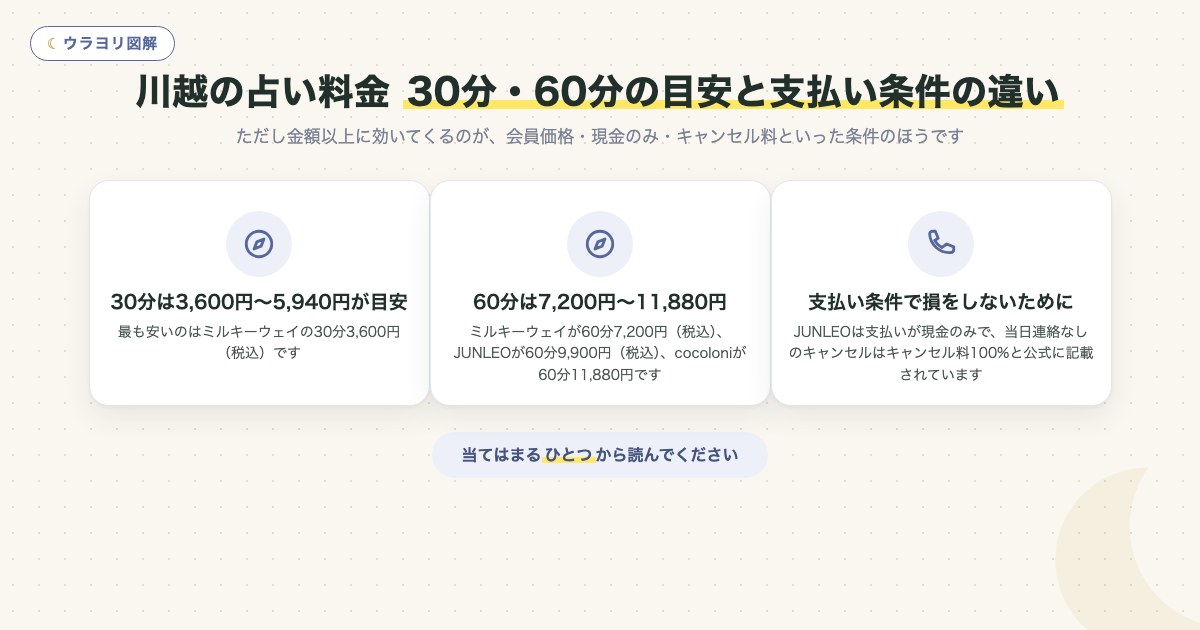 図解:川越の占い料金30分・60分の目安と支払い条件の違い