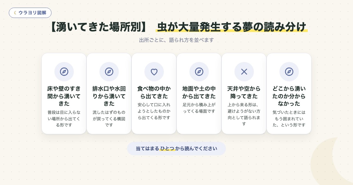 図解:【湧いてきた場所別】 虫が大量発生する夢の読み分け