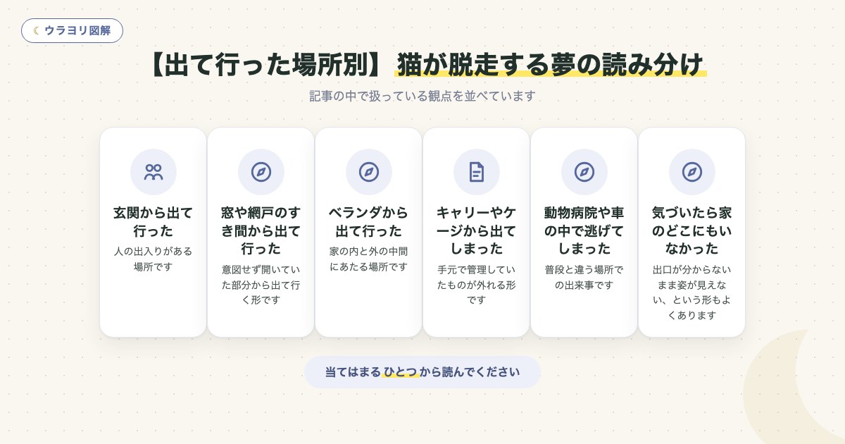 図解:【出て行った場所別】猫が脱走する夢の読み分け