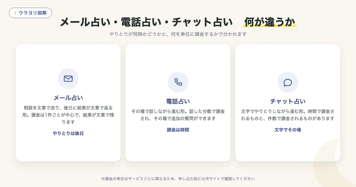 図解:メール占い・電話占い・チャット占い 何が違うか