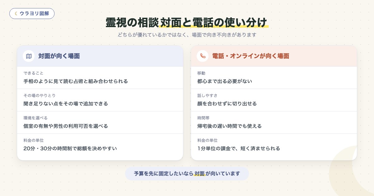 図解:霊視の相談対面と電話の使い分け