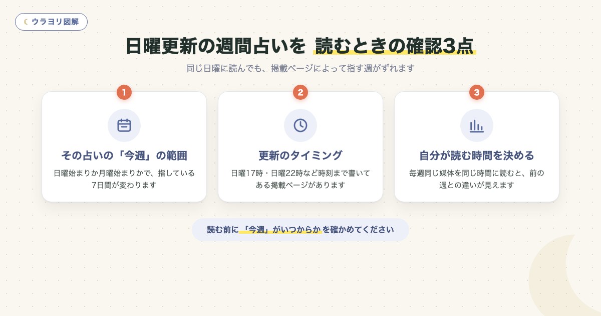 図解：日曜更新の週間占いを 読むときの確認3点
