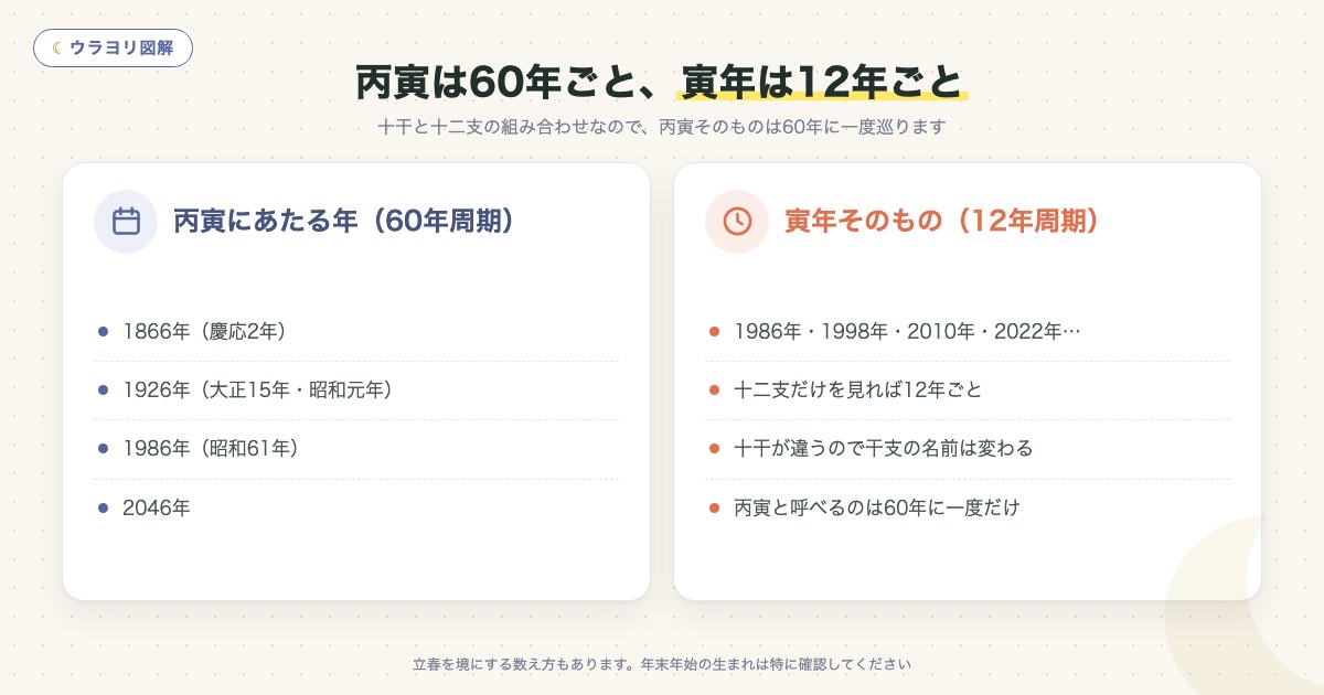 図解:丙寅は60年ごと、寅年は12年ごと