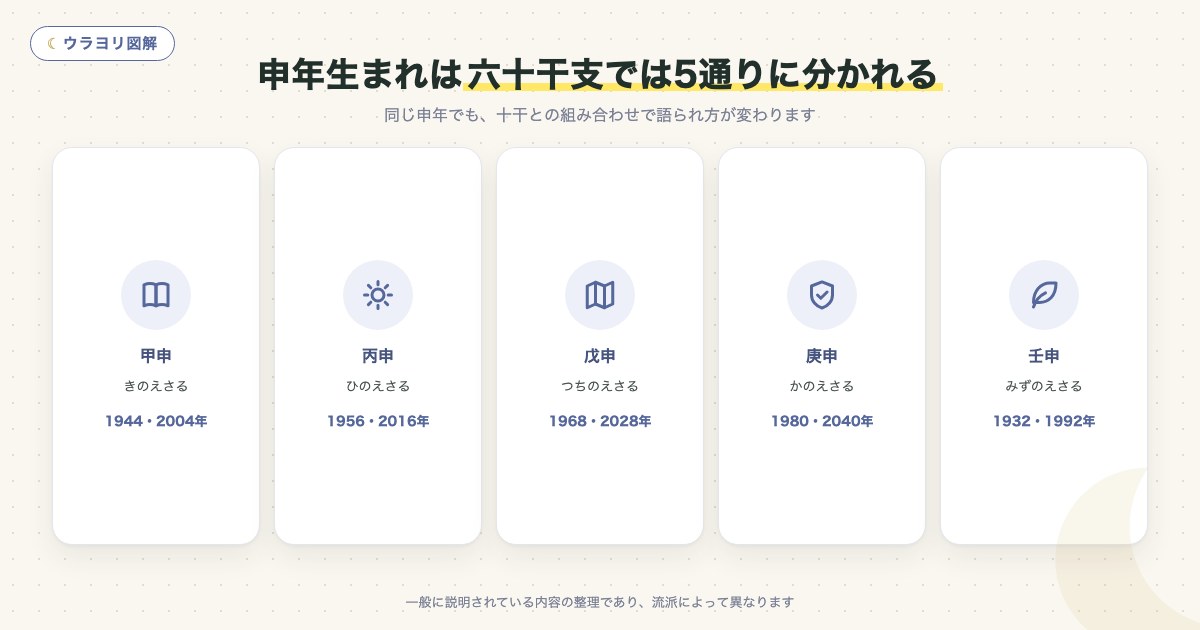 図解:申年生まれは六十干支では5通りに分かれる