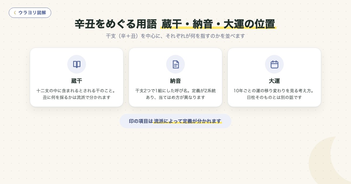 図解:辛丑をめぐる用語 蔵干・納音・大運の位置