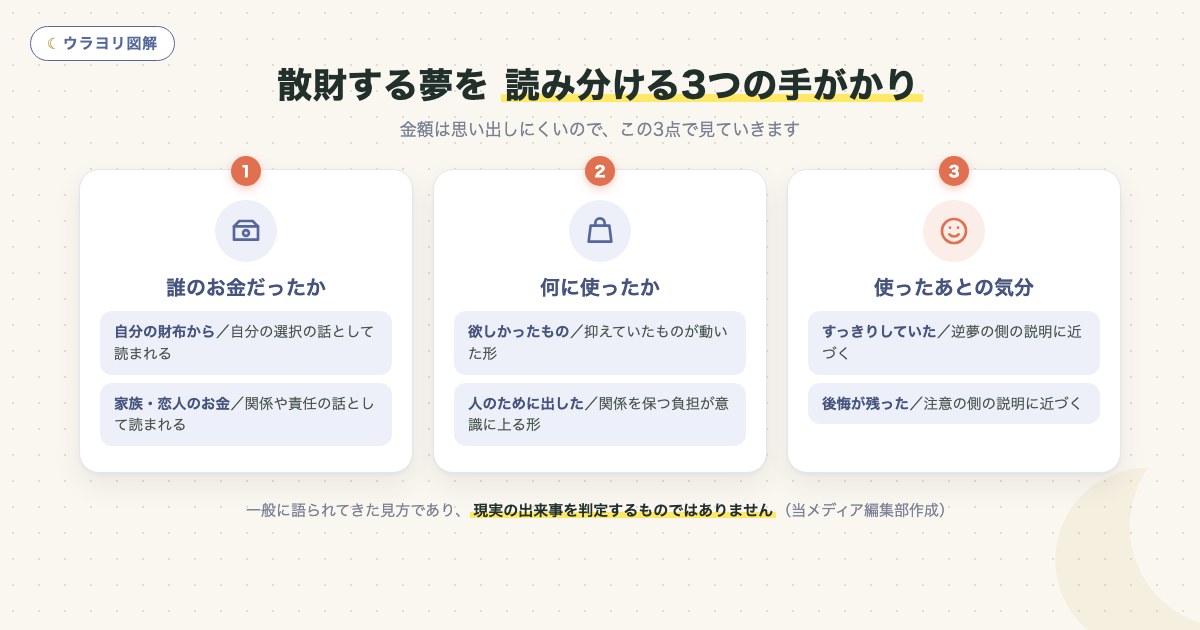 図解:散財する夢を 読み分ける3つの手がかり