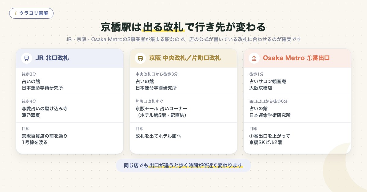 図解:京橋駅は出る改札で行き先が変わる