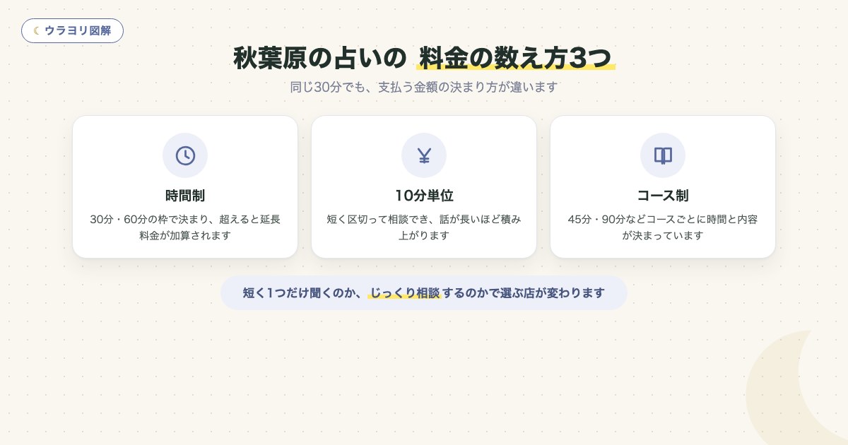 図解:秋葉原の占いの 料金の数え方3つ