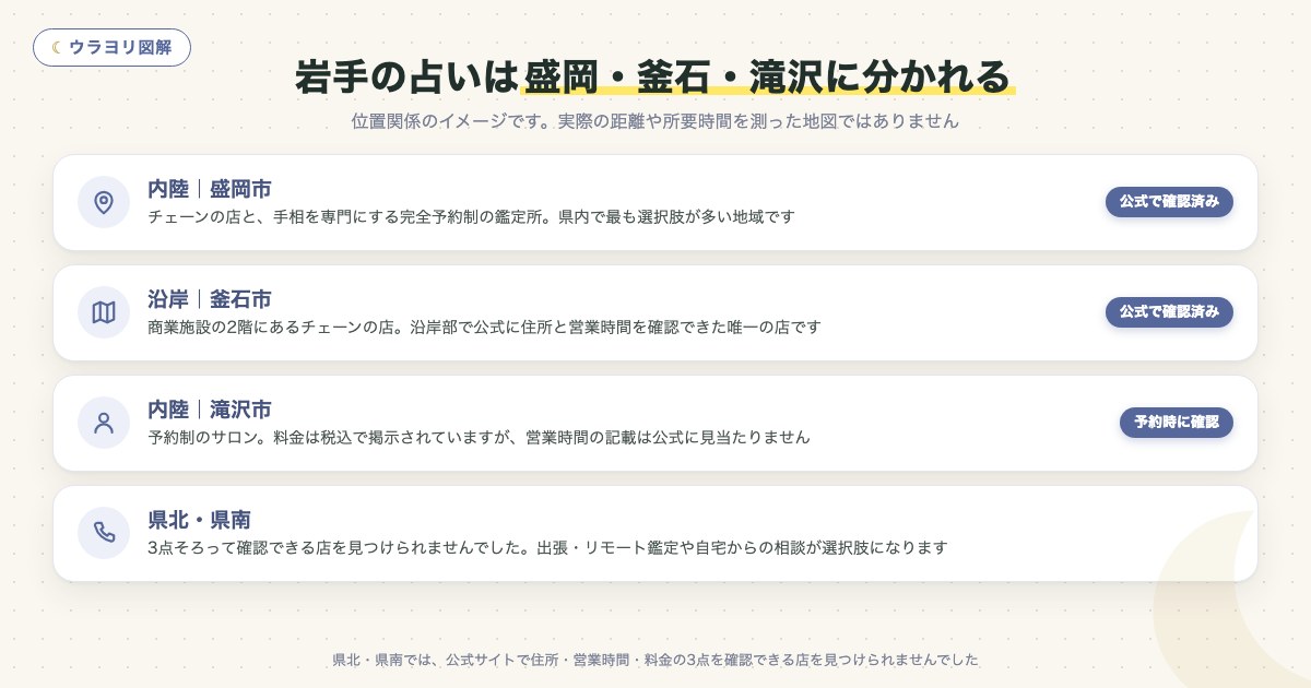 図解:岩手の占いは盛岡・釜石・滝沢に分かれる