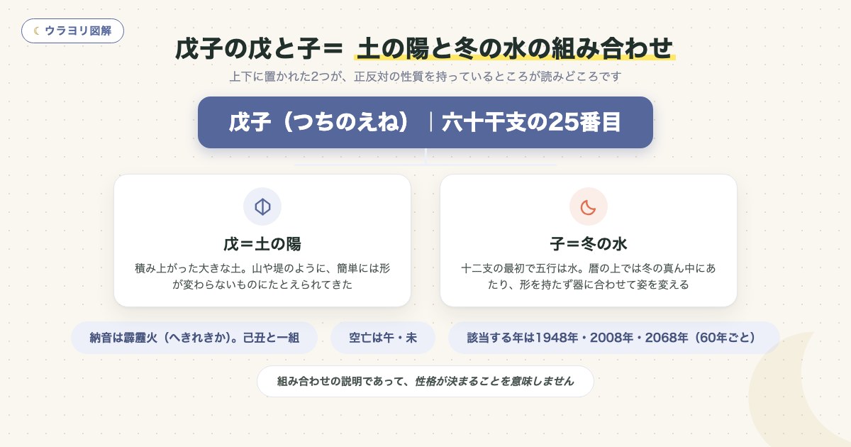 図解:戊子の戊と子= 土の陽と冬の水の組み合わせ