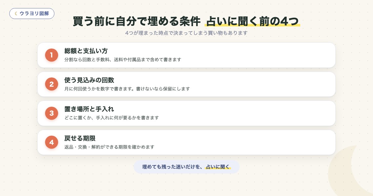 図解:買う前に自分で埋める条件 占いに聞く前の4つ