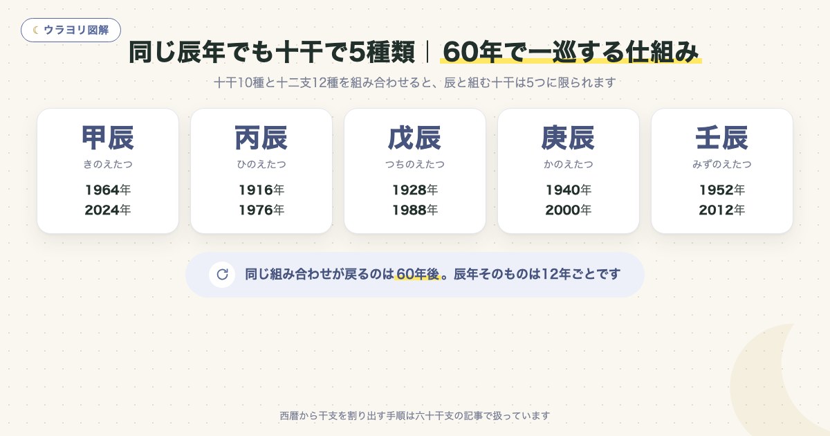 図解:同じ辰年でも十干で5種類|60年で一巡する仕組み