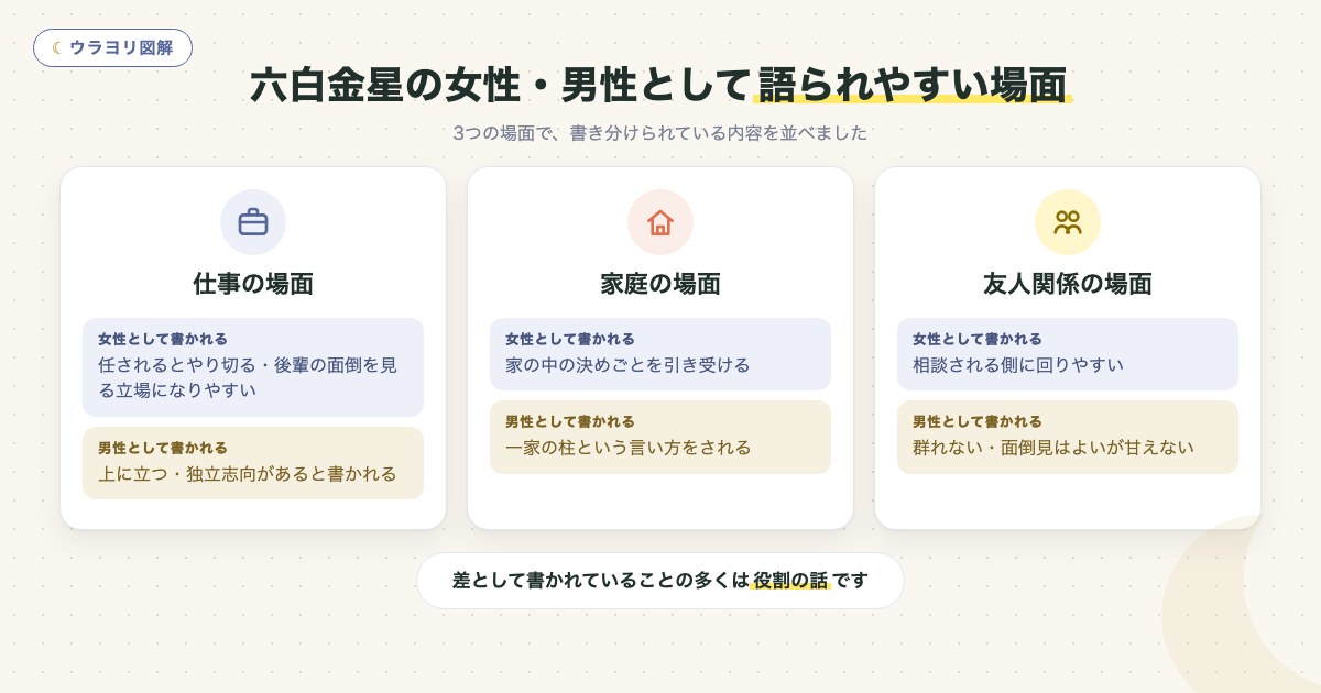 図解:六白金星の女性・男性として語られやすい場面