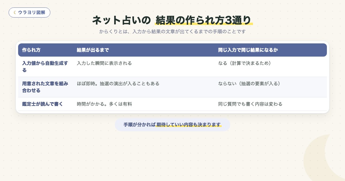 図解:ネット占いの 結果の作られ方3通り