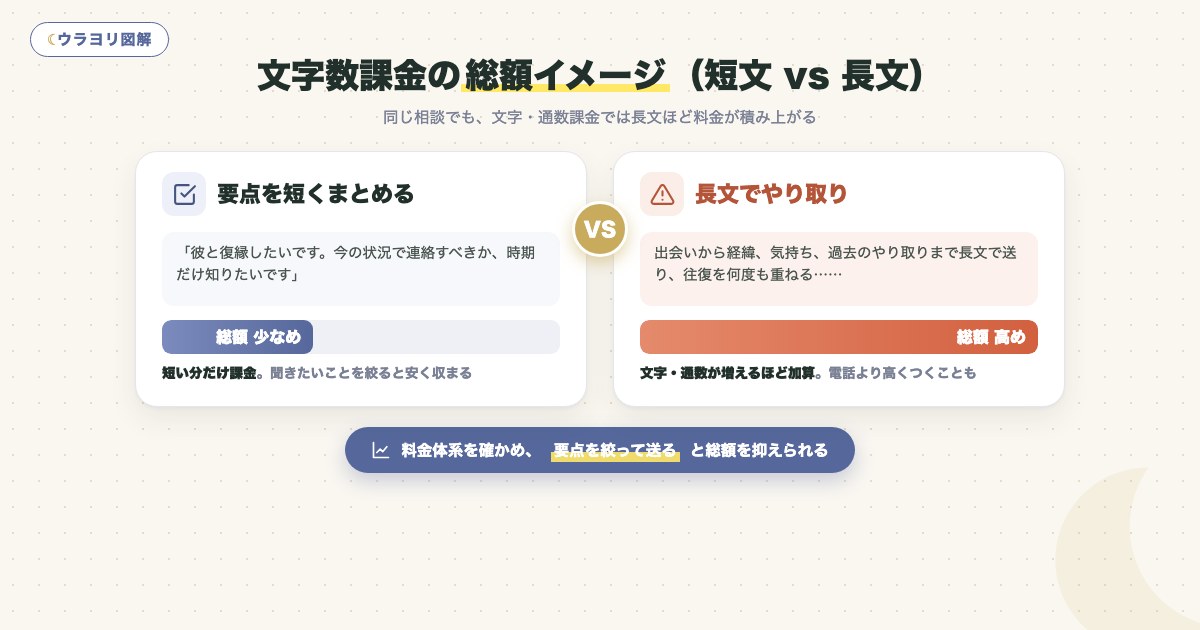 図解:文字数課金の総額イメージ(短文 vs 長文)