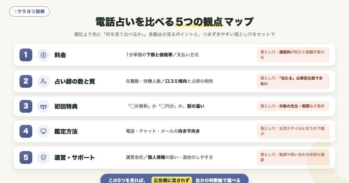 図解:電話占いを比べる5つの観点マップ
