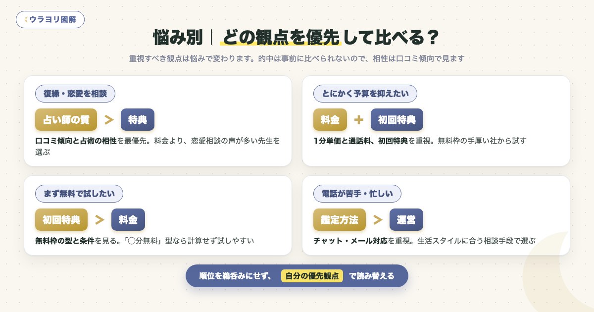 図解:悩み別|どの観点を優先して比べる?
