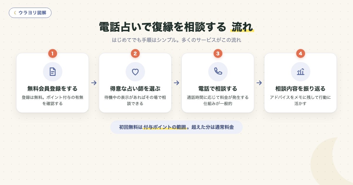図解:電話占いで復縁を相談する 流れ