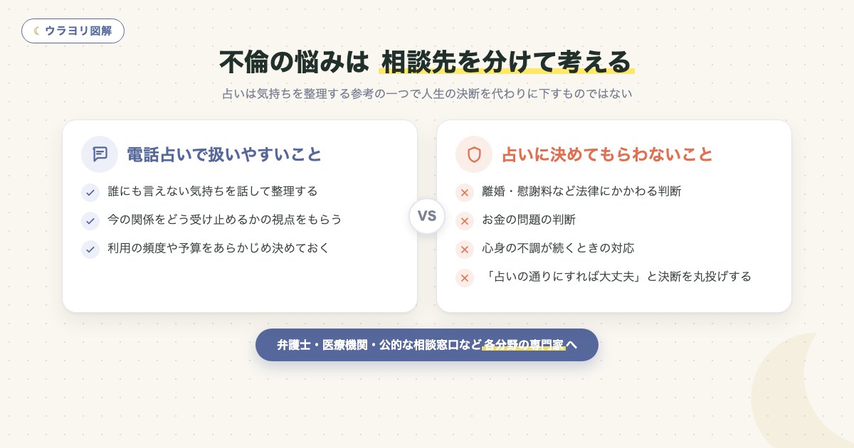 図解:不倫の悩みは 相談先を分けて考える
