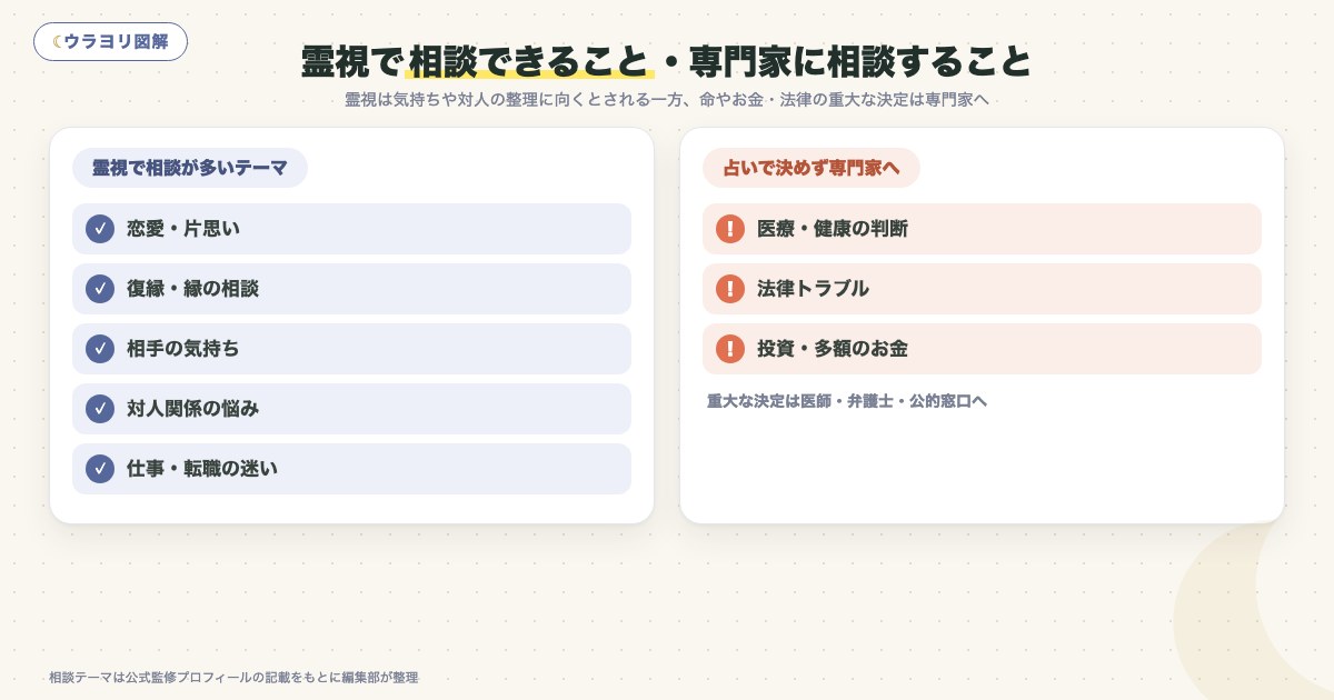 図解:霊視で相談できること・専門家に相談すること