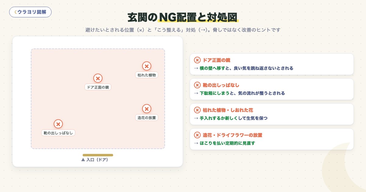 図解:玄関のNG配置と対処図