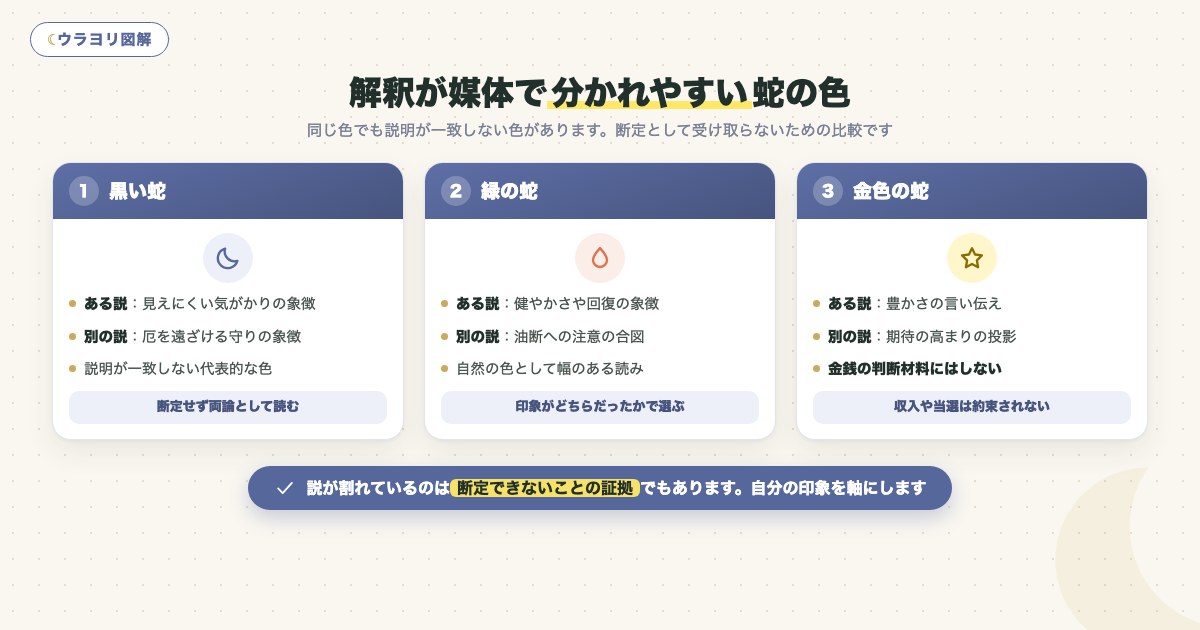 図解:解釈が媒体で分かれやすい蛇の色