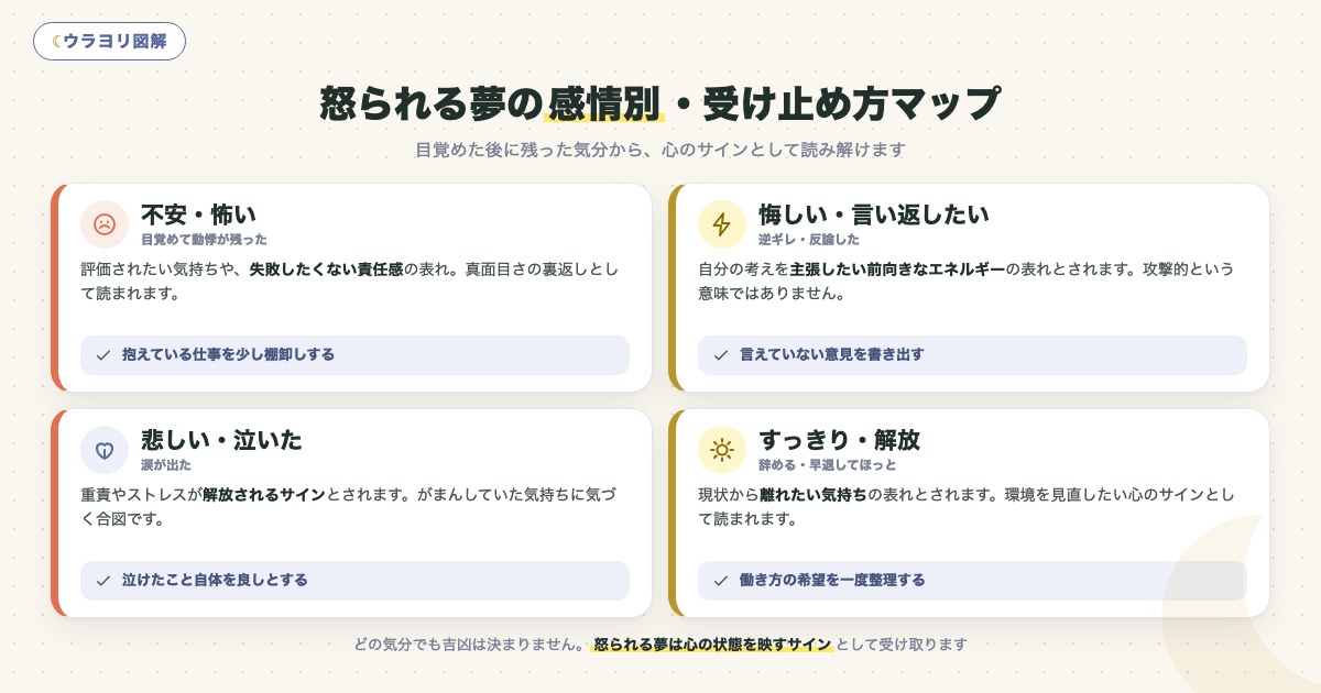 図解:怒られる夢の感情別・受け止め方マップ