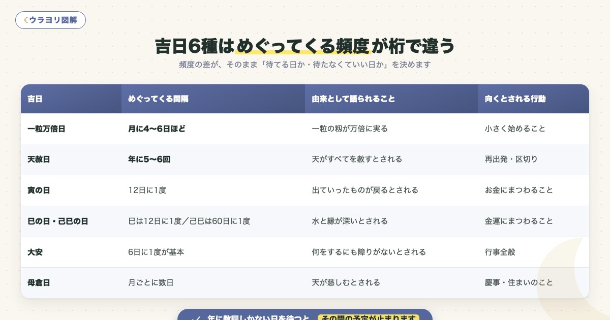 図解:吉日6種はめぐってくる頻度が桁で違う