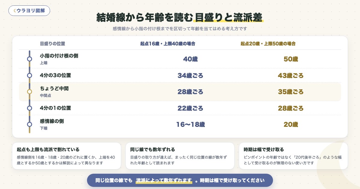 図解:結婚線から年齢を読む目盛りと流派差