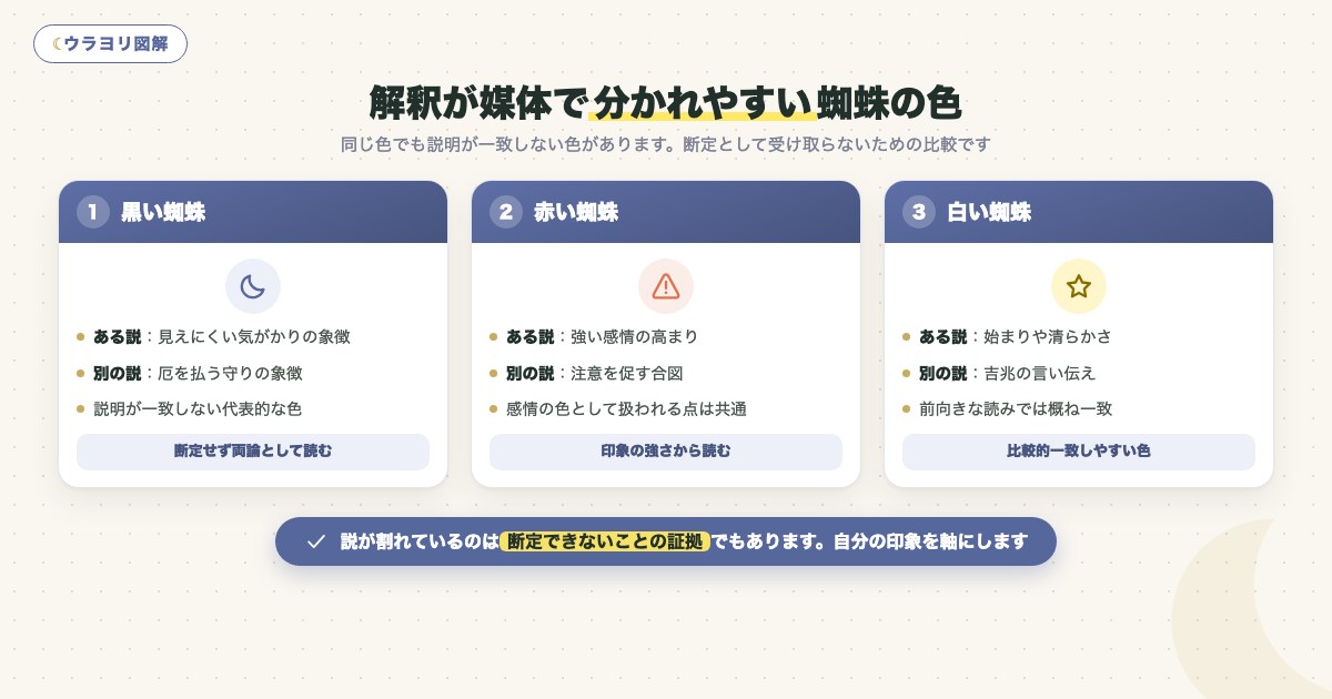 図解：解釈が媒体で分かれやすい蜘蛛の色