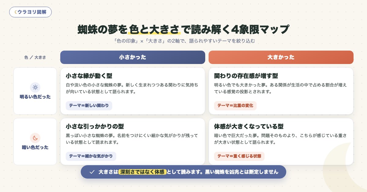 図解：蜘蛛の夢を色と大きさで読み解く4象限マップ