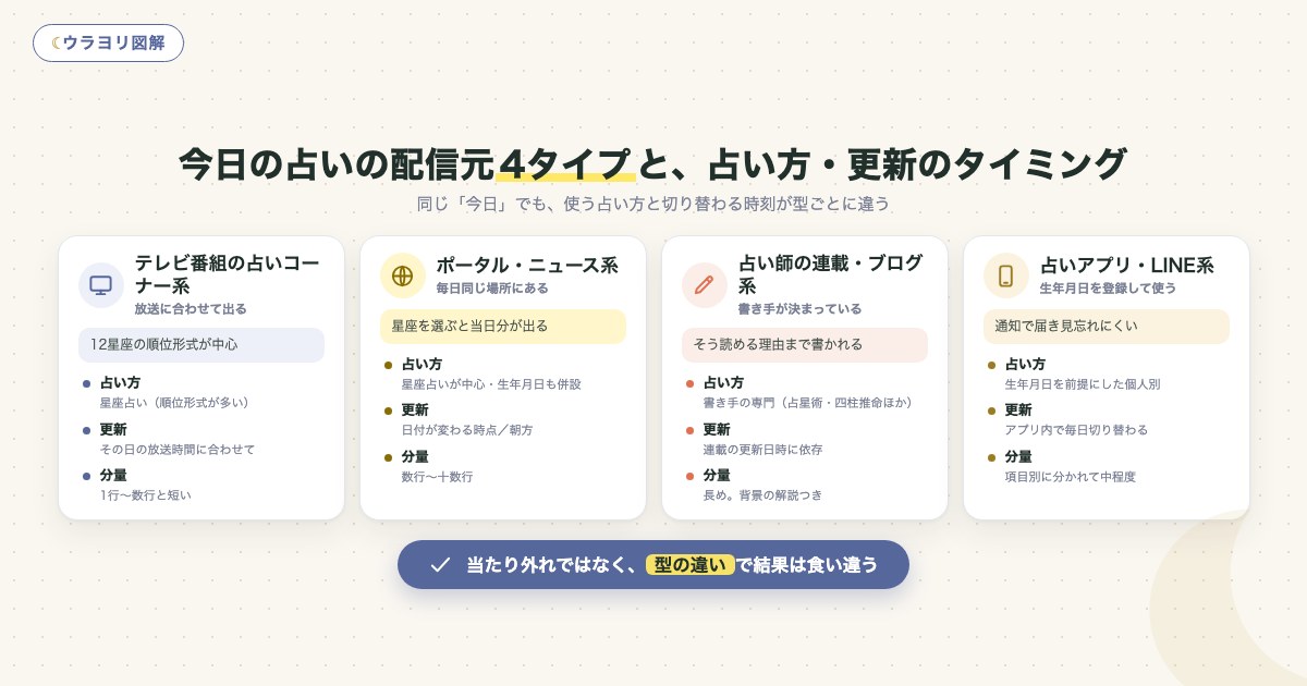 図解:今日の占いの配信元4タイプと、占い方・更新のタイミング
