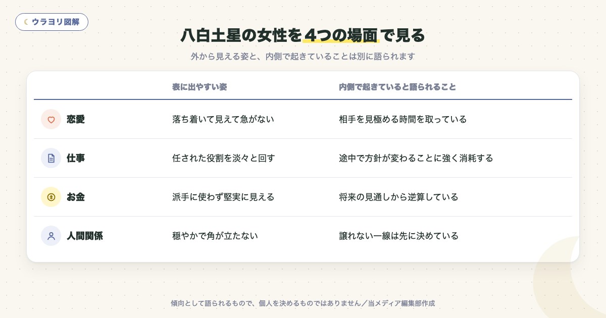 図解:八白土星の女性を4つの場面で見る