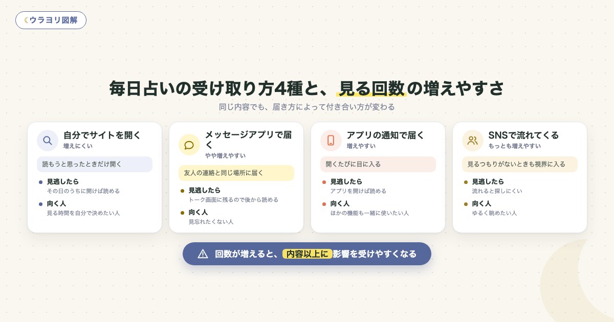 図解:毎日占いの受け取り方4種と、見る回数の増えやすさ