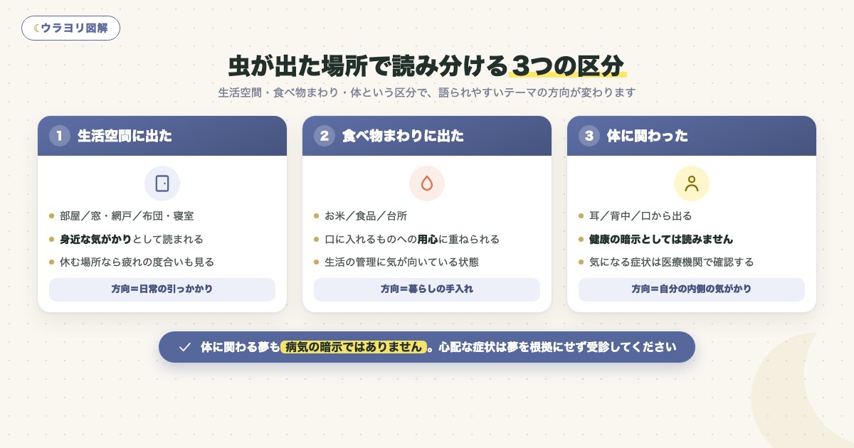 図解:虫が出た場所で読み分ける3つの区分