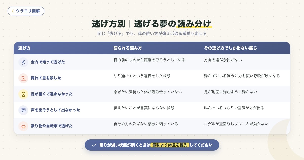 図解:逃げ方別|逃げる夢の読み分け