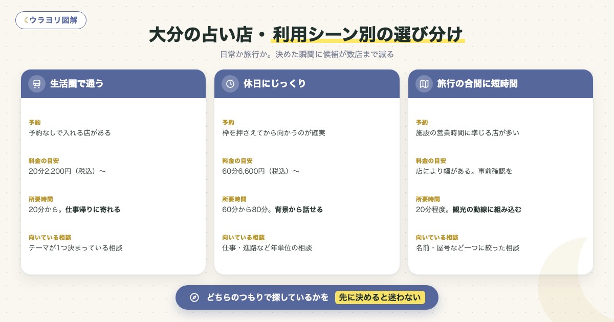 図解:大分の占い店・利用シーン別の選び分け