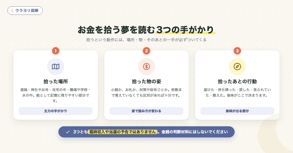 図解:お金を拾う夢を読む3つの手がかり